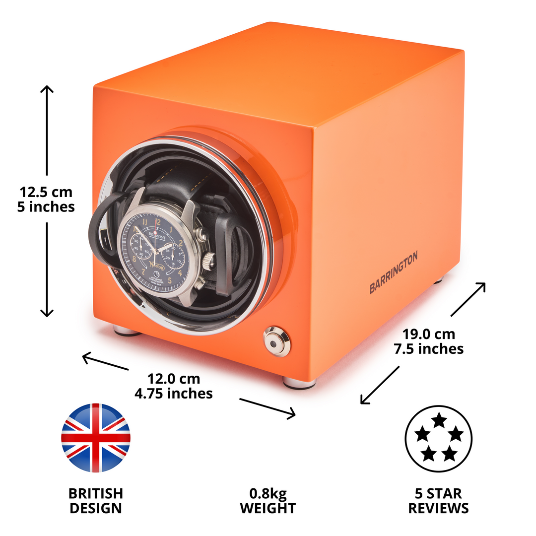 Barrington Oxford Watch Winder - Burnt Amber | Specs Front from barringtonwatchwinders.com - Photo 2