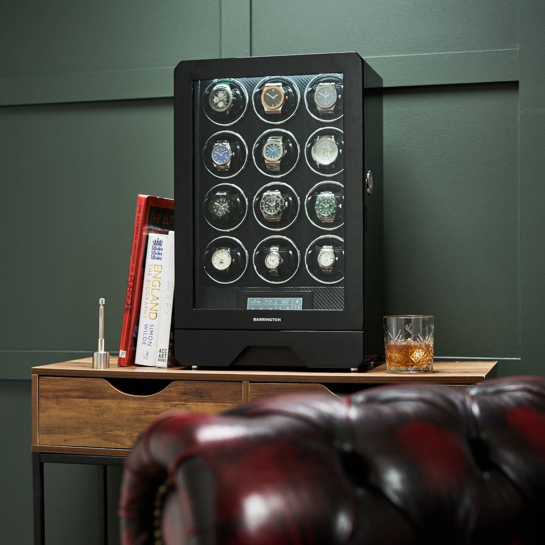 Barrington Twelve Watch Winder
with multiple watches on a wooden table against a green wall. from barringtonwatchwinders.com - Photo 10