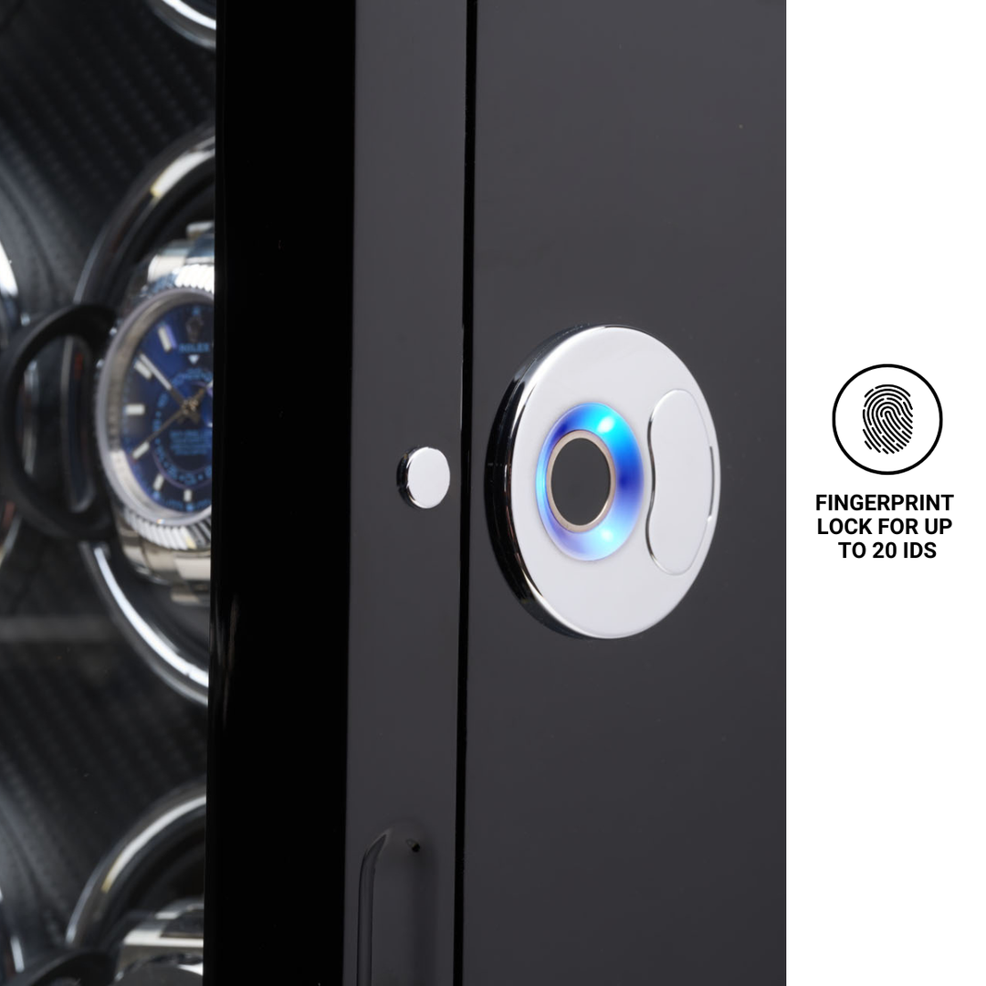 Barrington Watch Winder Fingerprint lock mechanism on a door with a watch in the background from barringtonwatchwinders.com - Photo 6