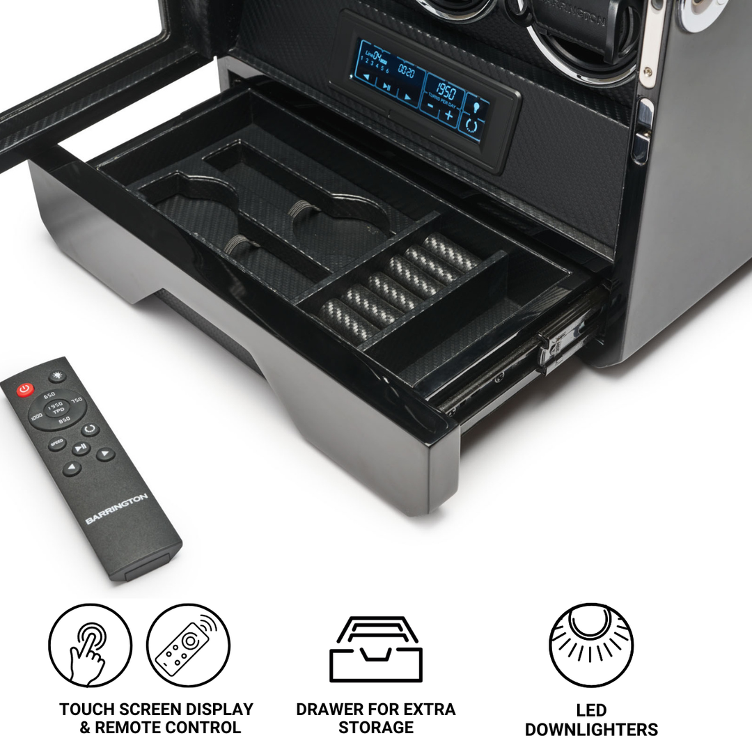 Barrington Watch Winder Specs with open drawer, remote control, and features listed. from barringtonwatchwinders.com - Photo 5