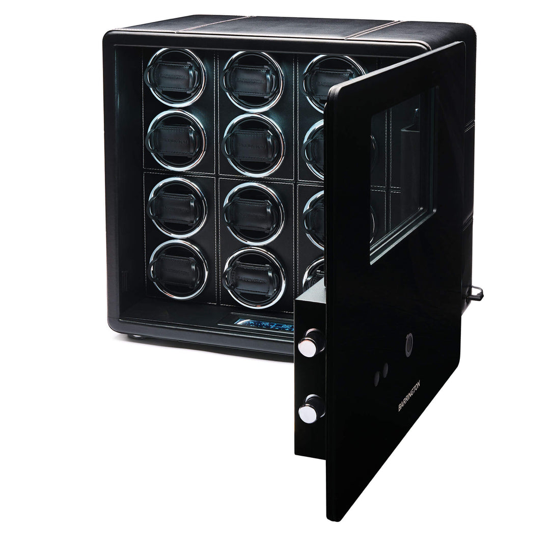 Angled view of open Barrington 12 Watch Winder Safe with empty winding compartments from barringtonwatchwinders.com - Photo 5