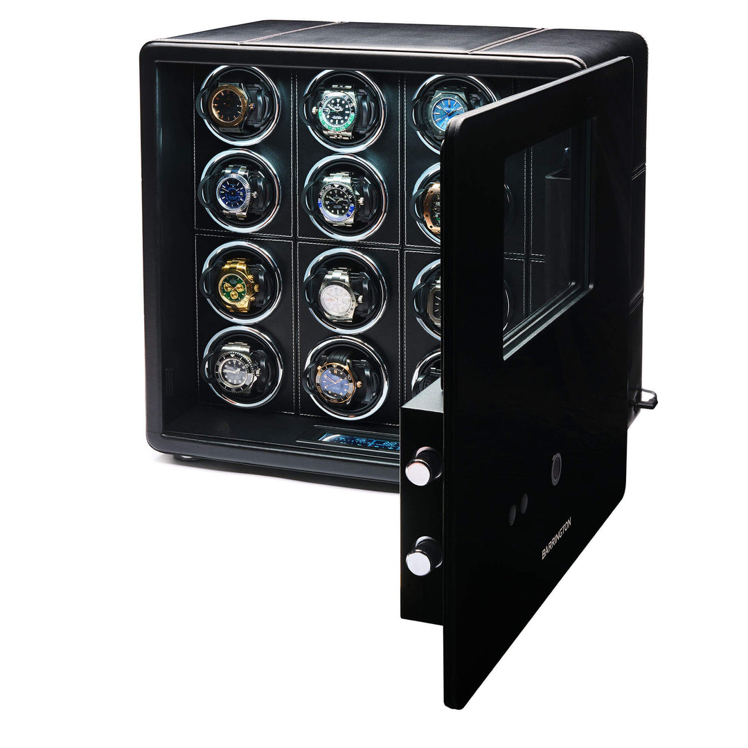 Angled view of open Barrington 12 Watch Winder Safe containing automatic watches from barringtonwatchwinders.com - Photo 6